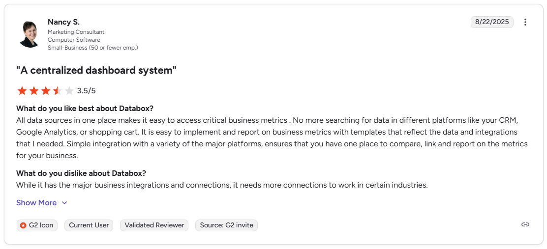 Nancy S. G2 review of Databox noting limited integrations for certain industries