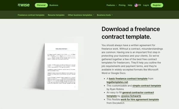 General freelance contract template from Wise